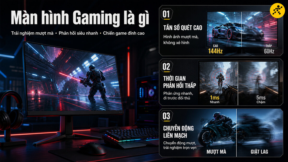 Khái niệm màn hình máy tính gaming và các tính năng cốt lõi Màn hình máy tính gaming chuyên dụng với tần số quét 144Hz, thời gian phản hồi 1ms và chuyển động liền mạch