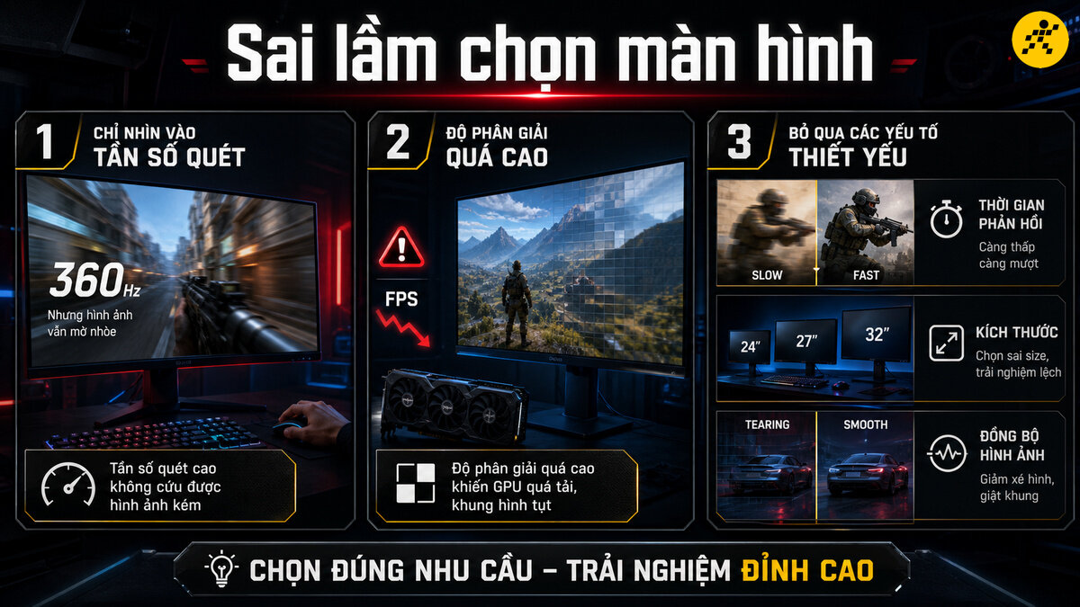 Tránh sai lầm khi chọn mua màn hình gaming Bảng phân tích các sai lầm thường gặp khi chọn màn hình gaming, gồm việc chỉ tập trung tần số quét cao, chọn độ phân giải vượt GPU gây giảm FPS và bỏ qua thời gian phản hồi cùng công nghệ đồng bộ hình ảnh.