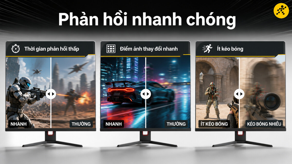 Màn hình gaming: Phản hồi nhanh, loại bỏ kéo bóng Ba màn hình gaming viền mỏng so sánh hiệu năng phản hồi nhanh trong game bắn súng, đua xe thể thao và hành động, thể hiện rõ sự khác biệt giữa chế độ sắc nét và chế độ kéo bóng mờ nhòe.