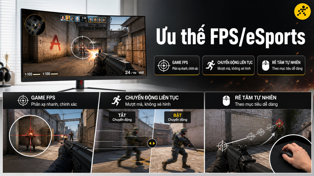 Ưu thế vượt trội cho game FPS và eSports Màn hình gaming cong hiển thị trận đấu bắn súng góc nhìn thứ nhất với tâm ngắm mục tiêu, làm nổi bật phản xạ nhanh, chuyển động mượt mà không xé hình và rê tâm chuẩn xác.
