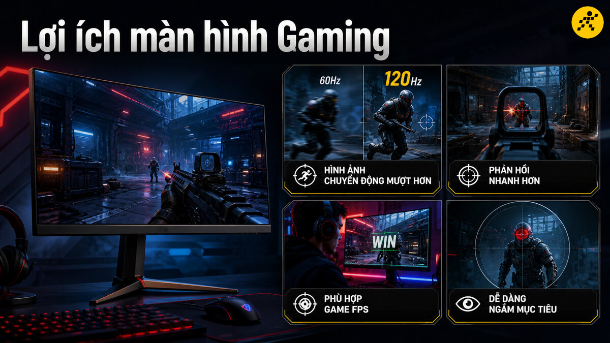 Lợi ích màn hình gaming: Tần số quét và phản hồi Màn hình gaming hiển thị tựa game FPS cùng các lợi ích cốt lõi như chuyển động mượt mà ở tần số quét cao 120Hz so với 60Hz, phản hồi nhanh và dễ dàng bắt nét mục tiêu.