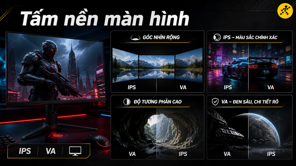 So sánh tấm nền IPS và VA cho màn hình gaming So sánh trực quan giữa tấm nền IPS và VA trên màn hình gaming về góc nhìn rộng, độ chính xác màu sắc, độ tương phản và độ sâu chi tiết vùng tối.