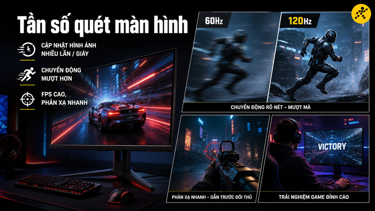 Tần số quét màn hình gaming: Tối ưu độ mượt và phản xạ Màn hình gaming so sánh trực quan tần số quét 60Hz và 120Hz, thể hiện khả năng cập nhật khung hình nhanh, chuyển động rõ nét mượt mà và hỗ trợ game thủ phản xạ chuẩn xác.