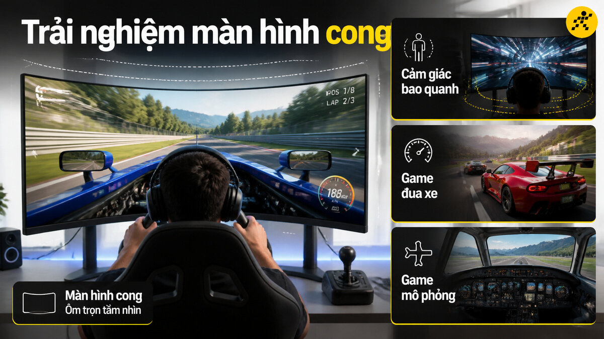 Trải nghiệm nhập vai sống động với màn hình gaming cong Góc chơi game với màn hình cong siêu rộng ôm trọn tầm nhìn, mang lại cảm giác bao quanh sống động khi trải nghiệm các tựa game đua xe và mô phỏng buồng lái.