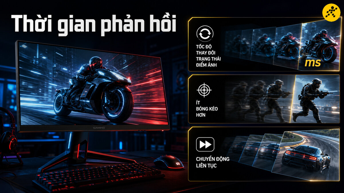 Thời gian phản hồi trên màn hình gaming: Giảm bóng ma chuyển động Màn hình gaming hiển thị thời gian phản hồi thấp tính bằng mili-giây, giúp chuyển đổi màu điểm ảnh tức thì, giảm thiểu vệt bóng mờ và duy trì chuyển động liền mạch.