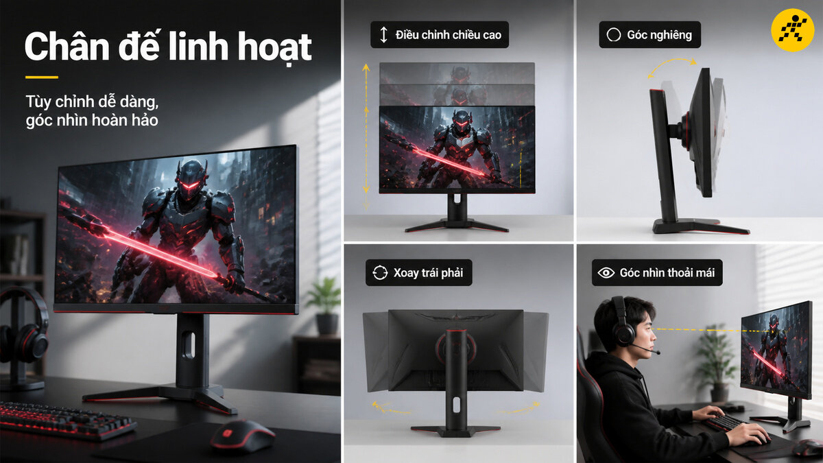 Chân đế công thái học linh hoạt cho màn hình gaming Chân đế công thái học của màn hình gaming hỗ trợ nâng hạ chiều cao, gập góc nghiêng và xoay trái phải, tạo tư thế ngồi chuẩn giúp bảo vệ cột sống và cổ khi chơi game lâu.