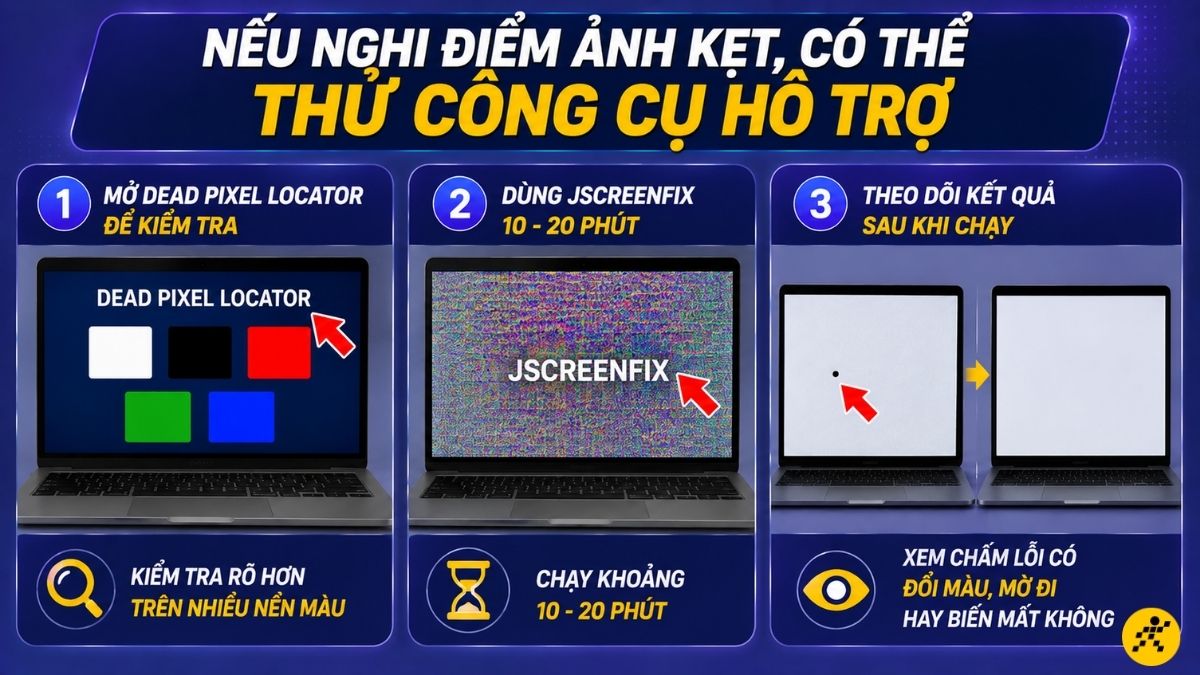 Nếu nghi điểm ảnh kẹt, có thể thử công cụ hỗ trợ Nếu nghi điểm ảnh kẹt, có thể thử công cụ hỗ trợ