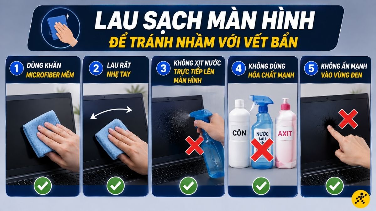 Lau sạch màn hình để tránh nhầm với vết bẩn Lau sạch màn hình để tránh nhầm với vết bẩn