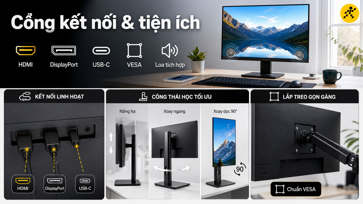 Hệ thống cổng kết nối HDMI, DisplayPort, Type-C và chân đế công thái học trên màn hình máy tính