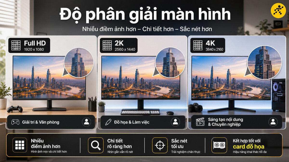 So sánh độ phân giải màn hình máy tính từ chuẩn Full HD, 2K QHD đến 4K UHD siêu nét