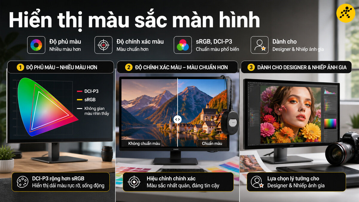 Khả năng hiển thị dải màu rộng chuẩn sRGB và DCI-P3 trên màn hình máy tính chuyên nghiệp