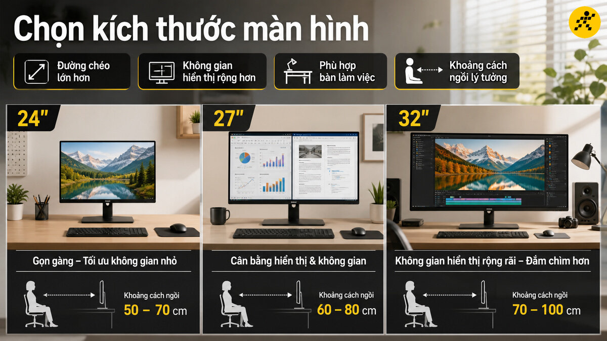 So sánh các kích thước màn hình máy tính phổ biến từ 24 inch văn phòng đến 27 inch đa nhiệm và 32 inch giải trí