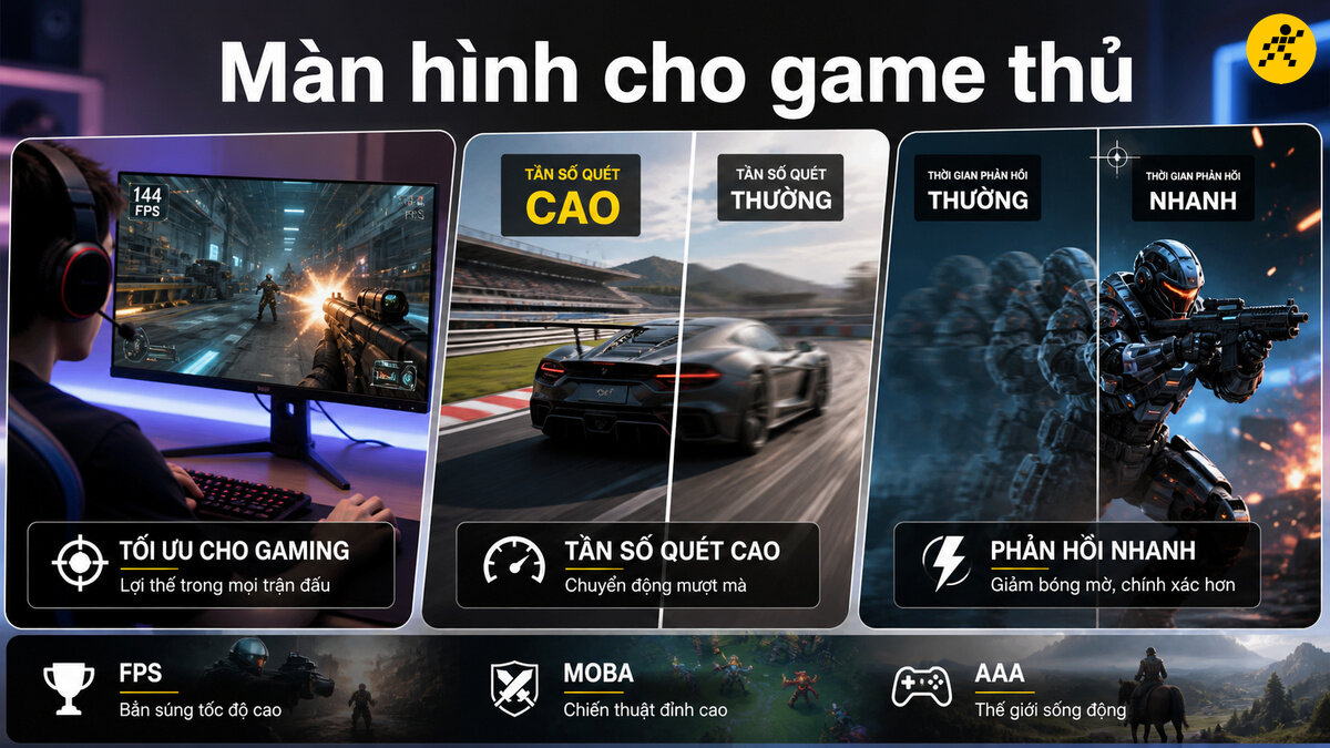 Màn hình gaming chuyên dụng với tần số quét 144Hz trở lên và tốc độ phản hồi 1ms