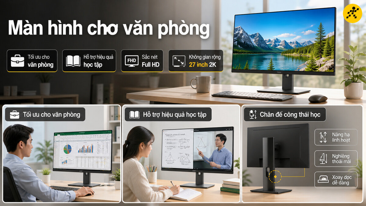 Màn hình máy tính văn phòng kích thước 24 đến 27 inch thiết kế tinh gọn cho học tập và làm việc