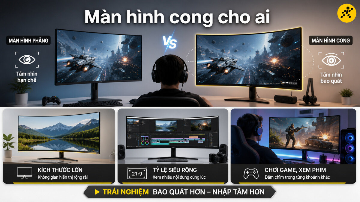 Màn hình máy tính cong góc nhìn siêu rộng mang lại trải nghiệm bao quát và đắm chìm