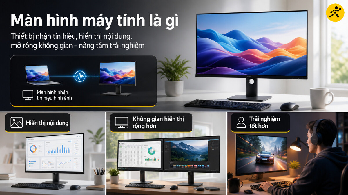 Màn hình máy tính kết nối đồng bộ cùng cây PC và laptop tạo nên không gian làm việc hoàn chỉnh