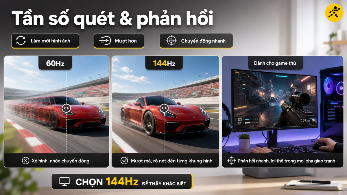 So sánh tần số quét 60Hz và 144Hz cùng thời gian phản hồi nhanh trên màn hình máy tính