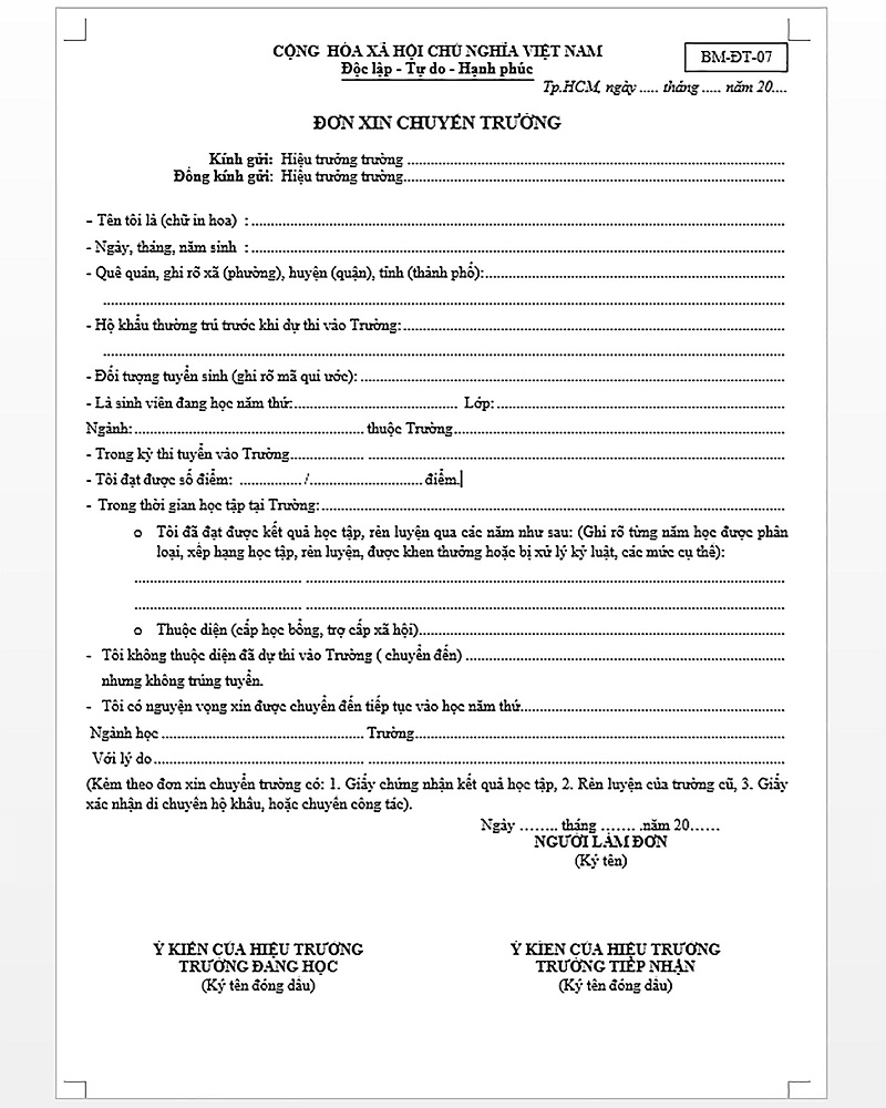 Mẫu đơn xin chuyển trường Đại học