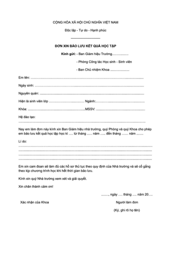 Mẫu đơn xin bảo lưu kết quả học tập