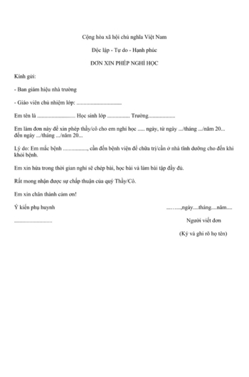 Mẫu đơn xin phép nghỉ học có xác nhận của phụ huynh