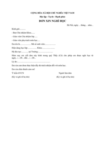 Mẫu đơn xin phép nghỉ học có xác nhận của phụ huynh