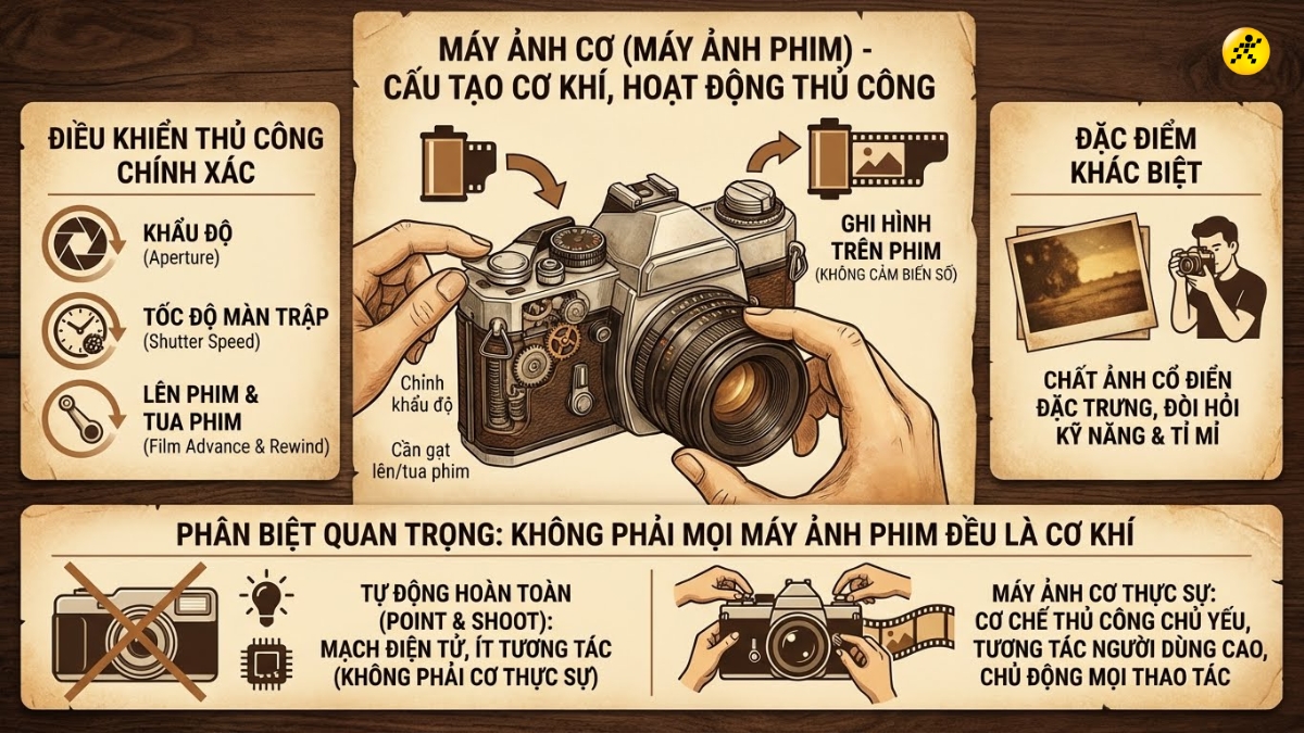M&aacute;y ảnh cơ (hay m&aacute;y ảnh phim) hoạt động chủ yếu bằng cơ học