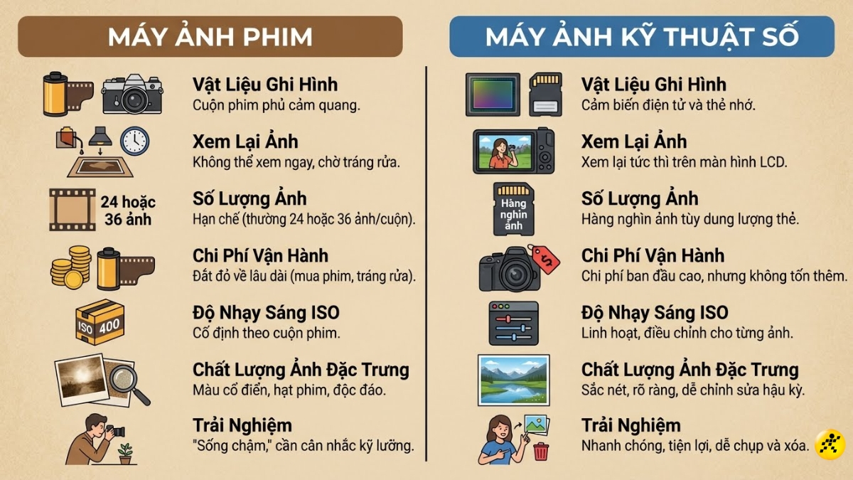 So s&aacute;nh m&aacute;y ảnh cơ v&agrave; m&aacute;y ảnh kỹ thuật số