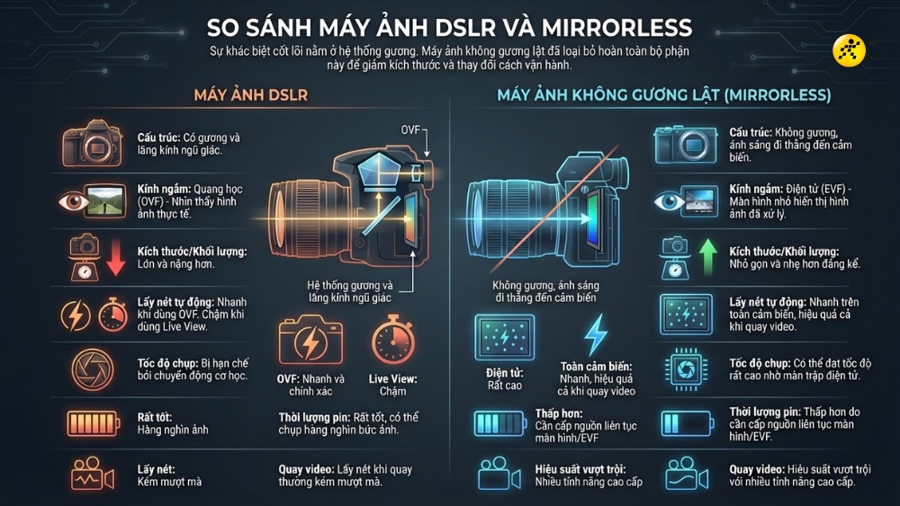 So s&aacute;nh m&aacute;y ảnh DSLR v&agrave; Mirrorless