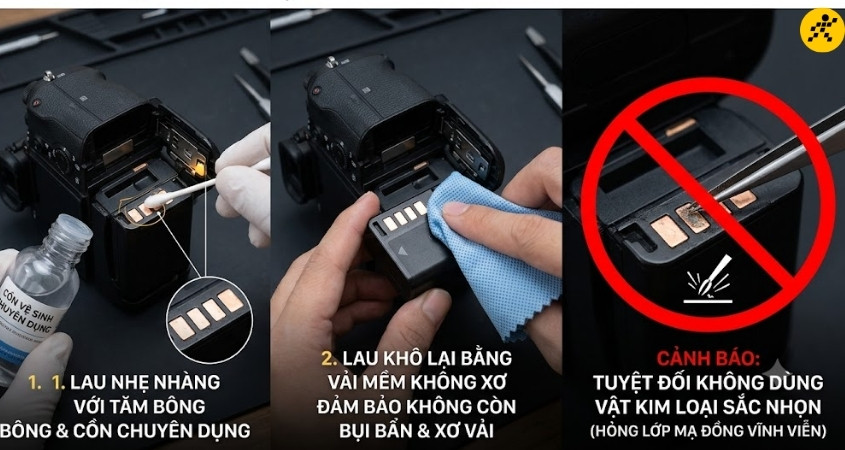 Cách vệ sinh điểm tiếp xúc pin máy ảnh Sony Cách vệ sinh điểm tiếp xúc pin máy ảnh Sony