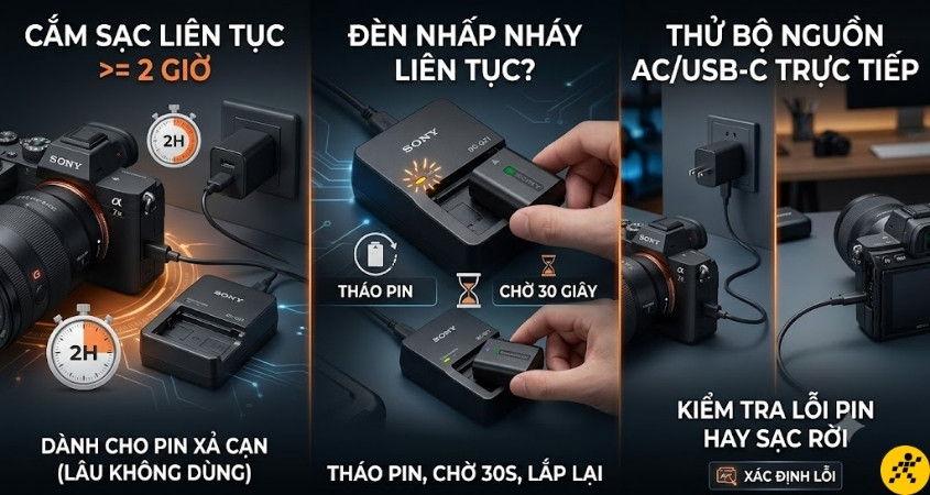 Cách kiểm tra pin và cắm sạc máy ảnh Sony Cách kiểm tra pin và cắm sạc máy ảnh Sony