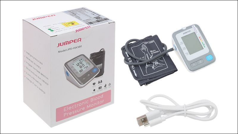 Trọn bộ sản phẩm m&aacute;y đo huyết &aacute;p bắp tay Jumper JPD-HA300