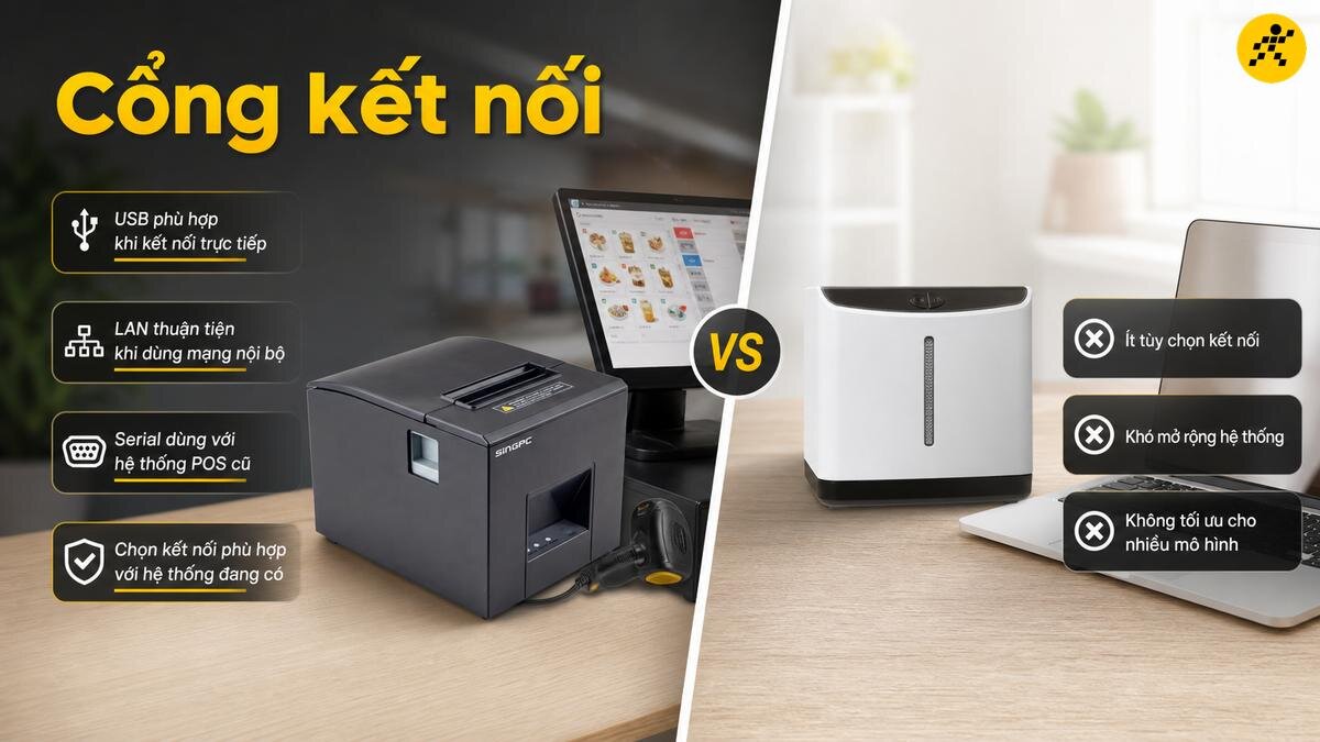 Tầm quan trọng của các cổng kết nối trên máy in hóa đơn So sánh các tùy chọn cổng kết nối giữa máy in hóa đơn đa năng và máy in hạn chế kết nối