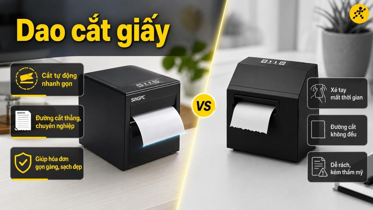 Ưu điểm của tính năng dao cắt giấy tự động So sánh máy in hóa đơn có dao cắt tự động và máy in xé giấy bằng tay