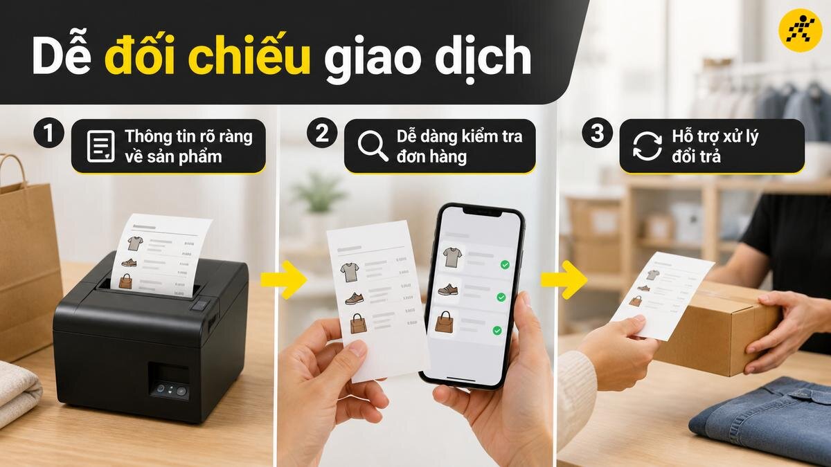 Lợi ích đối chiếu giao dịch Máy in hóa đơn giúp đối chiếu giao dịch và quản lý đơn hàng dễ dàng