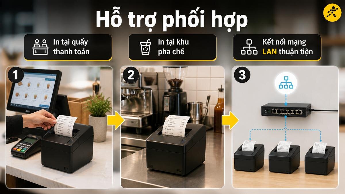 Hỗ trợ phối hợp đa điểm qua mạng LAN Máy in hóa đơn kết nối mạng LAN tại quầy thanh toán và khu vực pha chế
