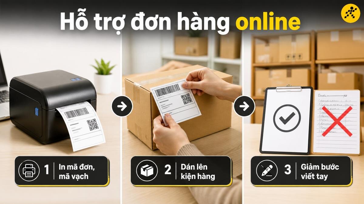Ứng dụng máy in đơn hàng cho kinh doanh online Quy trình in tem nhãn vận chuyển và dán lên đơn hàng online thay thế ghi chép thủ công