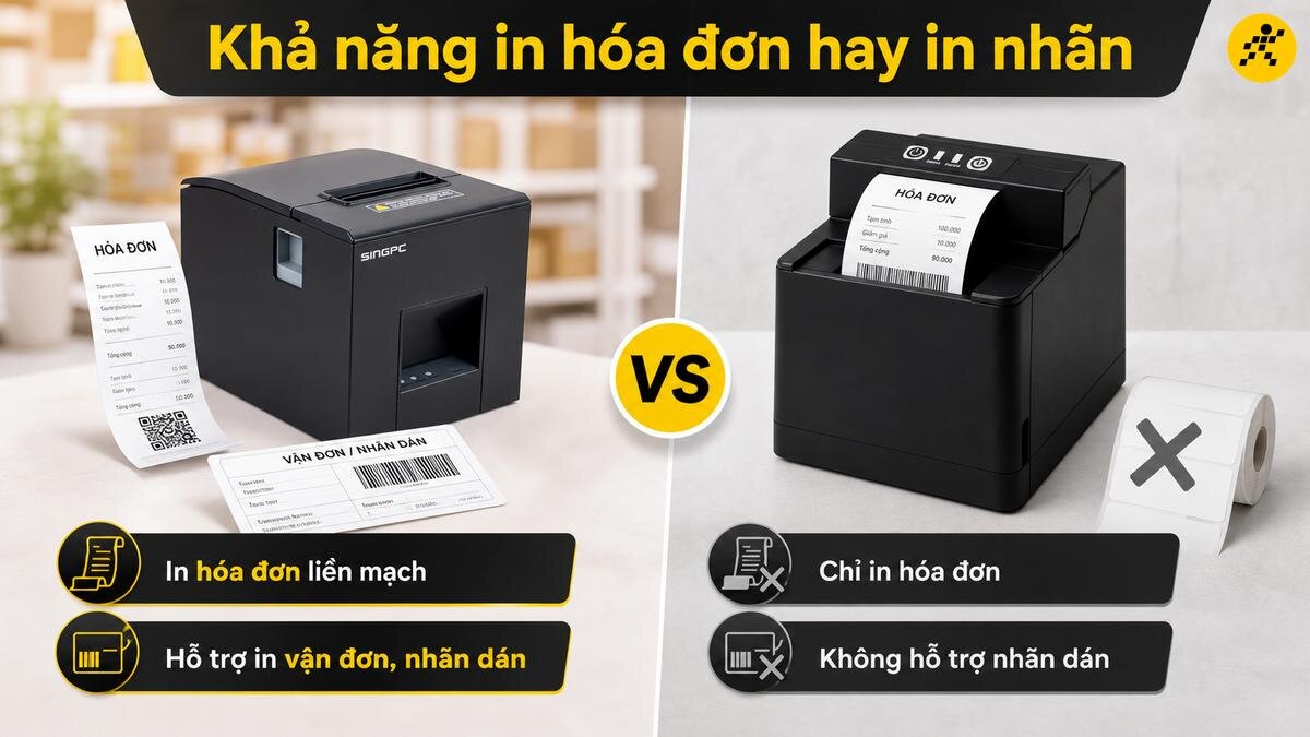 So sánh máy in đa năng và máy in hóa đơn thông thường So sánh khả năng in hóa đơn và in tem nhãn của máy in nhiệt