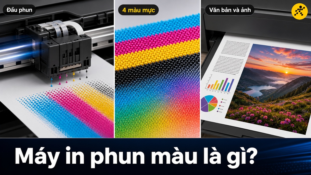 Máy in phun màu là gì Máy in phun màu với đầu phun và 4 màu mực, in được cả văn bản lẫn ảnh