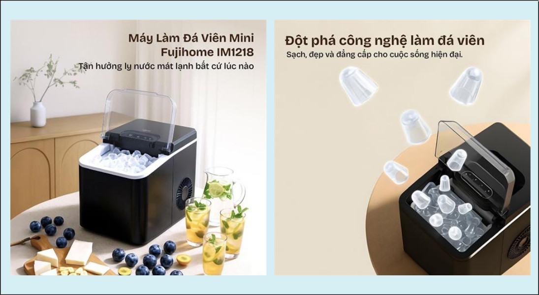 Máy làm đá viên mini FUJIHOME IM1218 có tính năng cảnh báo hết nước và cảnh báo khi đầy đá