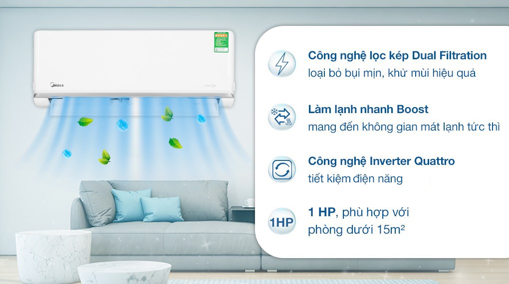 Máy lạnh Midea 9000 BTU MSAGA-10CRDN8 công nghệ Inverter Quattro và chế độ làm lạnh nhanh Boost
