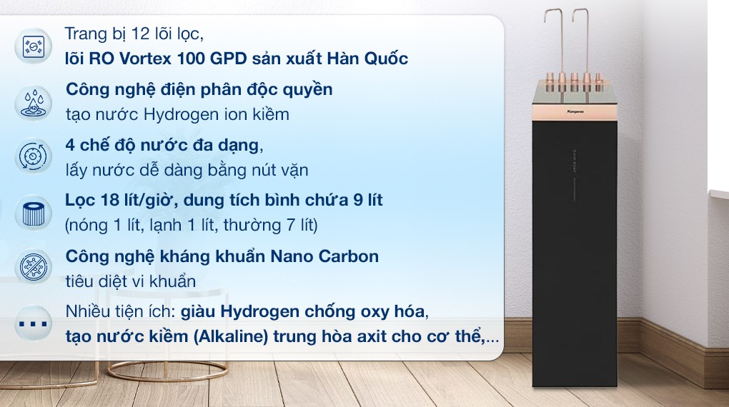 Máy lọc nước RO nóng nguội lạnh Hydrogen ion kiềm Kangaroo Sumire KGHC12A3 12 lõi với công nghệ lọc hiện đại, tạo ra nguồn nước sạch và giàu khoáng chất có lợi