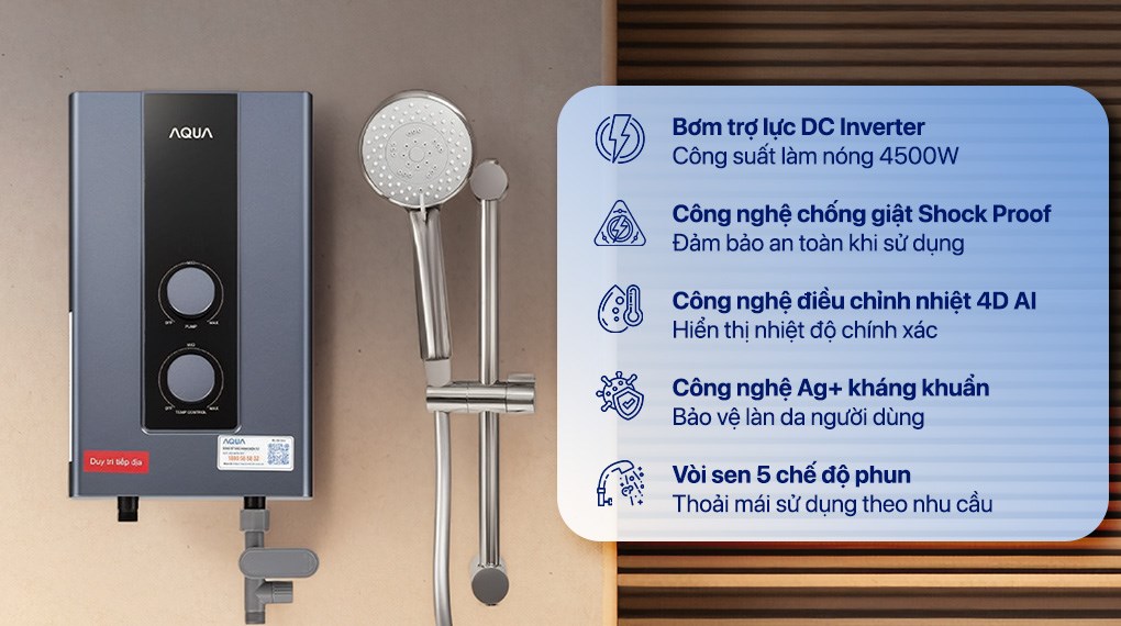 Máy nước nóng trực tiếp Aqua 4500W AEI45E-FP3B(VN) thiết kế nhỏ gọn tích hợp bơm trợ lực và vòi sen massage