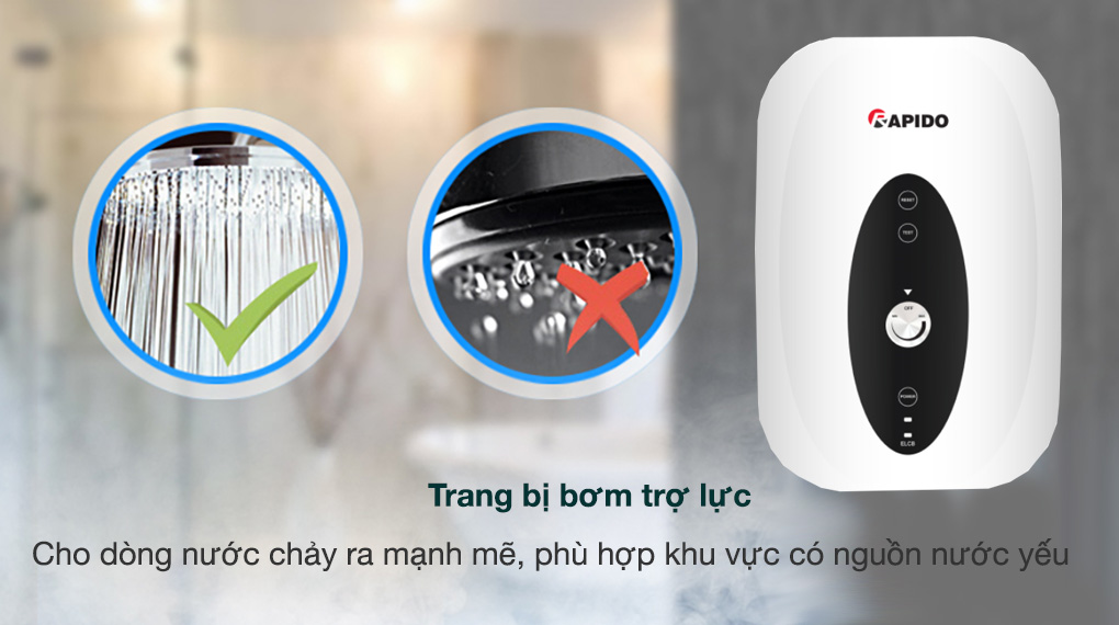 Máy nước nóng trực tiếp Rapido SONNE SP4.5 có bơm trợ lực và thanh đốt bằng đồng Máy nước nóng trực tiếp Rapido SONNE SP4.5 có bơm trợ lực và thanh đốt bằng đồng
