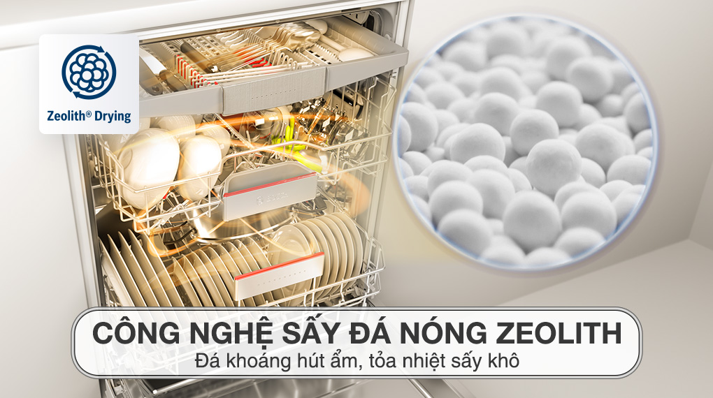 Công nghệ sấy hạt Zeolith trên máy rửa chén Bosch giúp bát đĩa khô ráo và tiết kiệm năng lượng