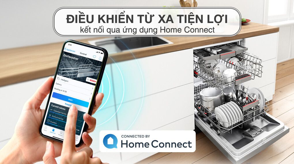 Quản lý máy rửa bát Bosch âm tủ từ xa qua ứng dụng Home Connect trên điện thoại thông minh