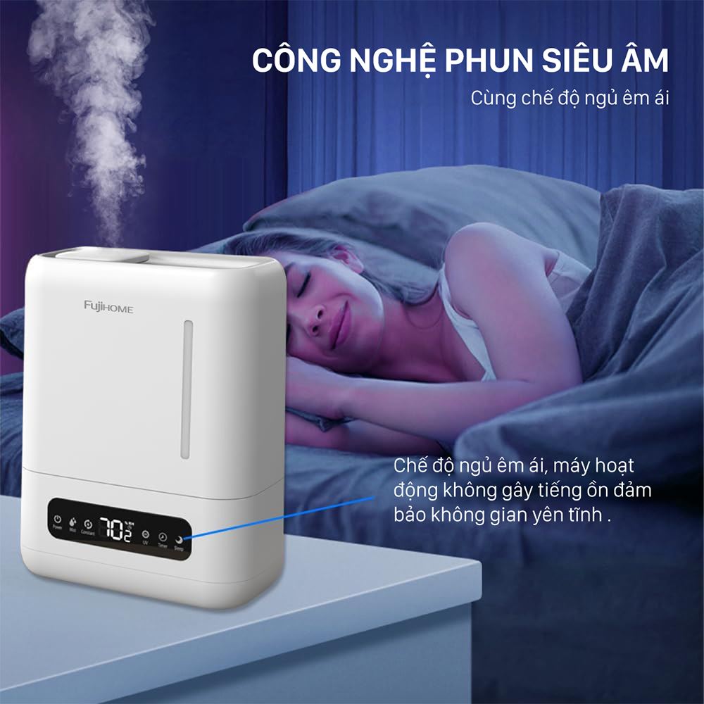 Máy tạo ẩm khuếch tán tinh dầu FUJIHOME HM04EUV sử dụng công nghệ phun siêu âm tiên tiến, tạo ra làn hơi sương mịn màng, khuếch tán nhanh chóng
