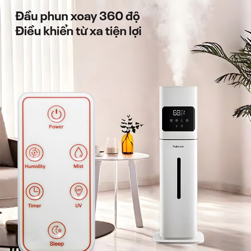 Máy tạo ẩm khuếch tán tinh dầu FUJIHOME HM09UV2 đầu phun có khả năng xoay 360°, giúp luồng hơi sương lan tỏa đồng đều khắp căn phòng