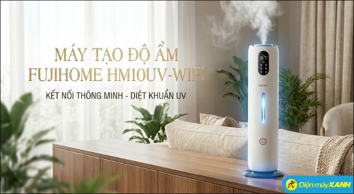 Máy tạo độ ẩm Fujihome HM10UV-WIFI Máy tạo độ ẩm Fujihome HM10UV-WIFI với tia UV khử khuẩn 99% chỉ trong 10 giây đảm bảo hơi ẩm tinh khiết, bảo vệ hệ hô hấp non nớt của bé