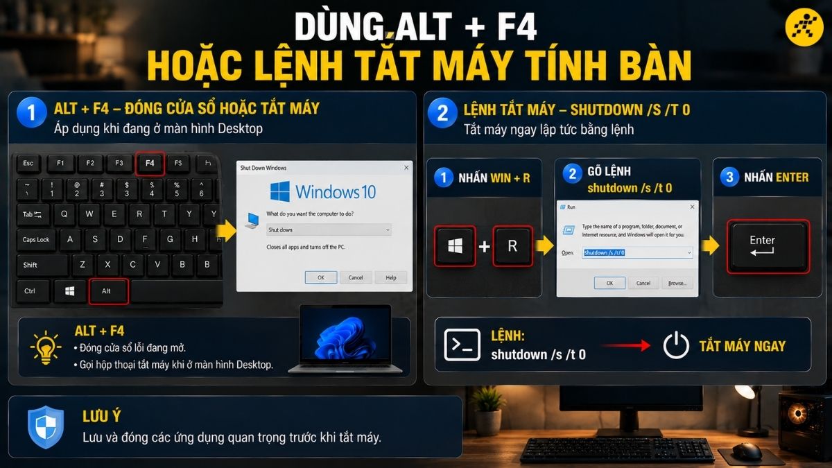 D&ugrave;ng Alt + F4 hoặc lệnh tắt m&aacute;y