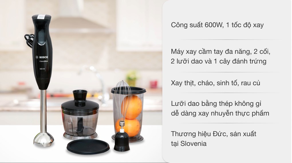 Máy xay cầm tay Bosch HMH.MSM2650B 600W có thiết kế chống rung, hoạt động với độ ồn thấp